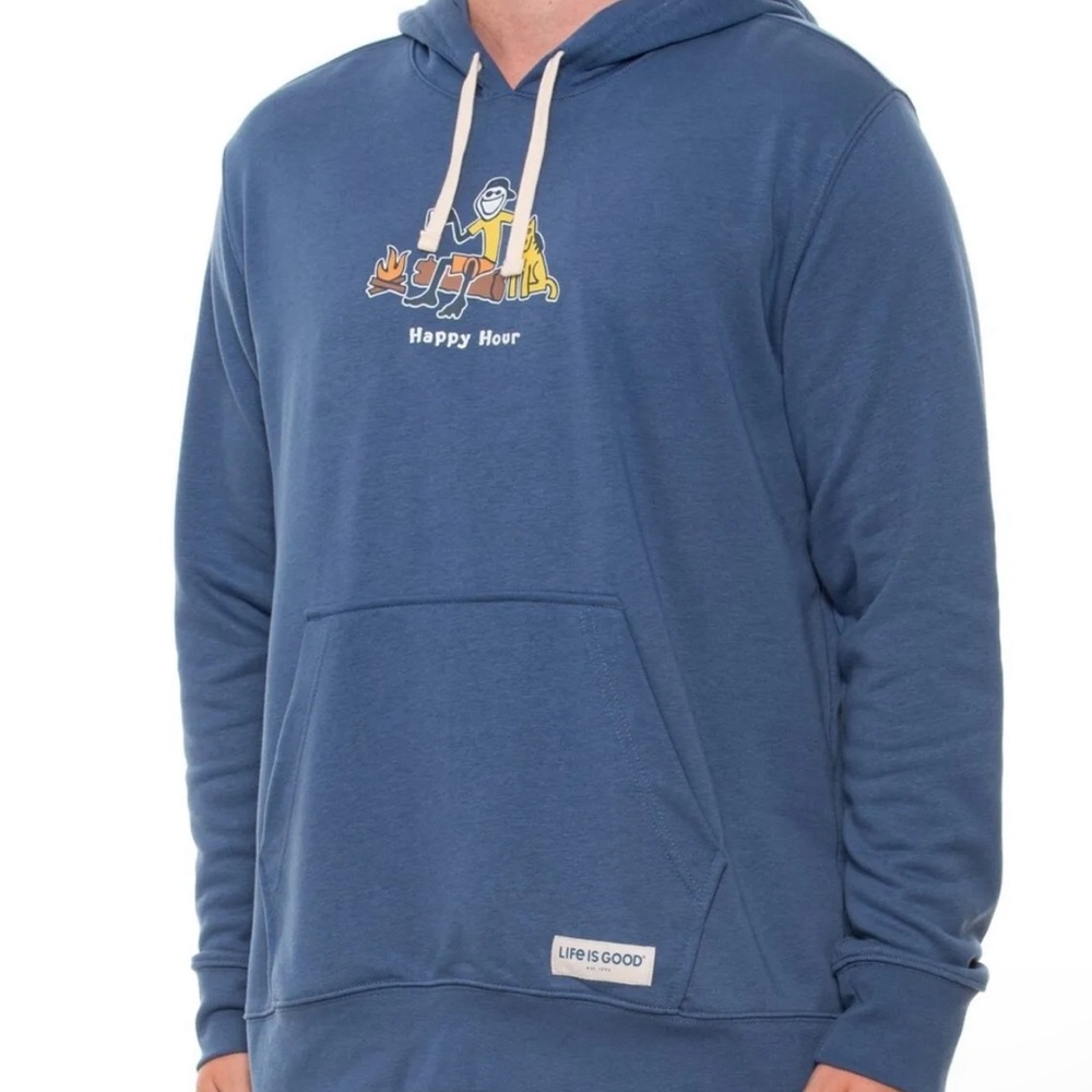 Life Is Good Happy Hour Blue Hoodie Sweatshirt Size XXL Rare Campfire Dog